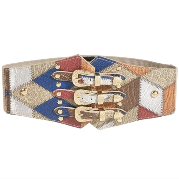 Pebbled Patchwork Triple Buckle Wide Width Belt - Picture 2 of 4
